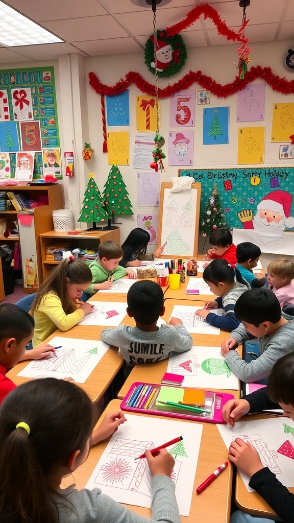 Christmas Drawing Ideas for Class 6 Students in a classroom drawing Christmas-themed pictures with decorations around.